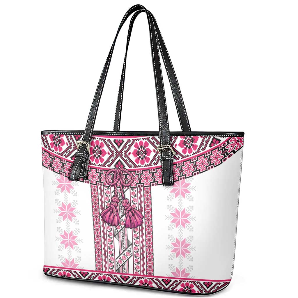 Ukraine Leather Tote Bag Traditional Braided Rope Belt Pink Folk Pattern