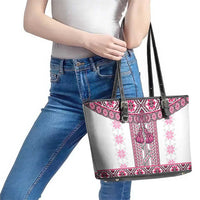 Ukraine Leather Tote Bag Traditional Braided Rope Belt Pink Folk Pattern