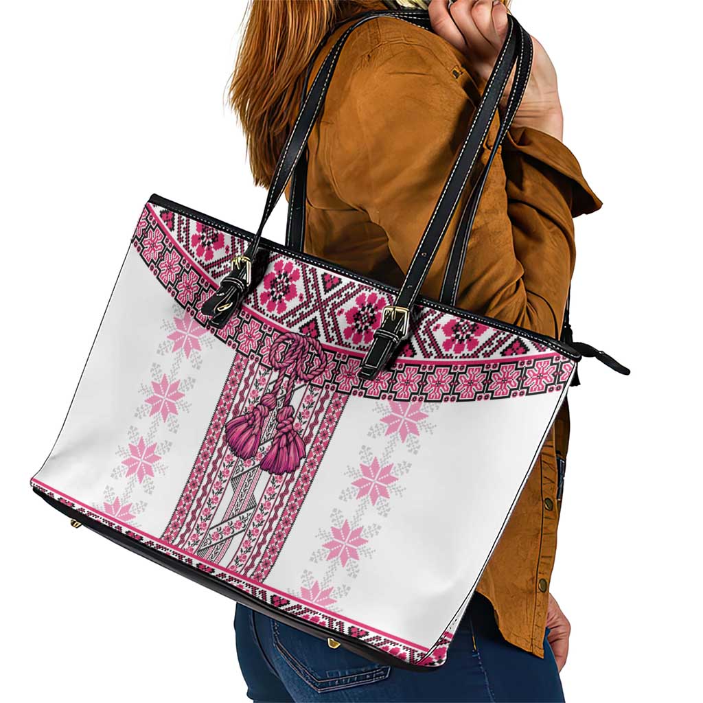 Ukraine Leather Tote Bag Traditional Braided Rope Belt Pink Folk Pattern