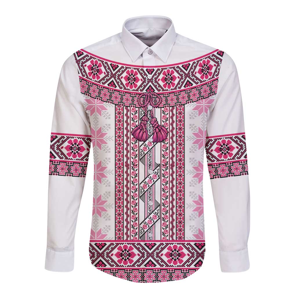 Ukraine Long Sleeve Button Shirt Traditional Braided Rope Belt Pink Folk Pattern