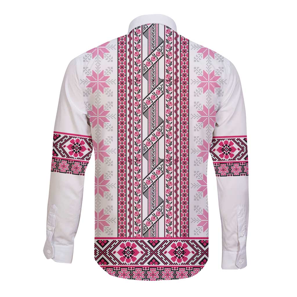 Ukraine Long Sleeve Button Shirt Traditional Braided Rope Belt Pink Folk Pattern