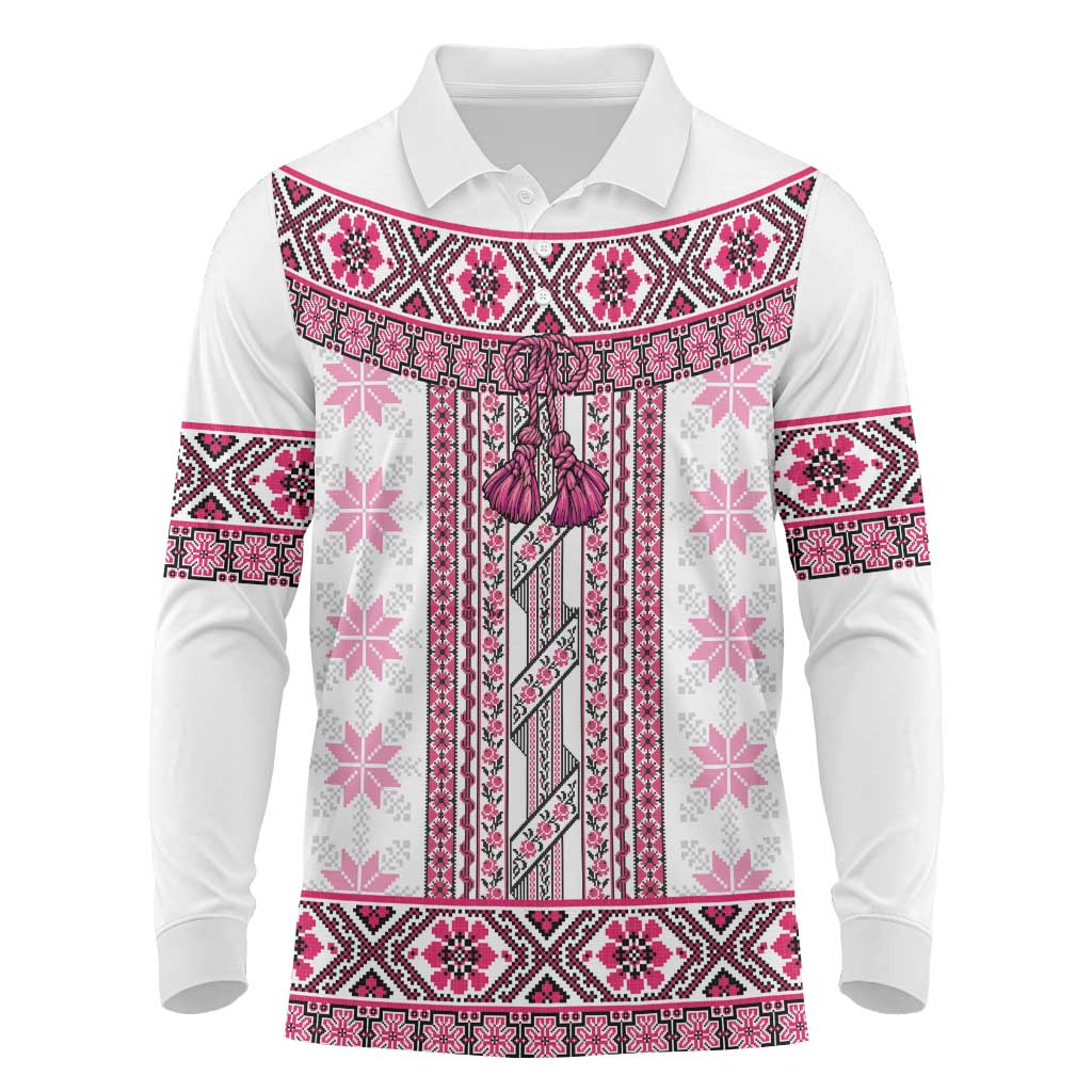 Ukraine Long Sleeve Polo Shirt Traditional Braided Rope Belt Pink Folk Pattern
