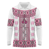 Ukraine Long Sleeve Polo Shirt Traditional Braided Rope Belt Pink Folk Pattern