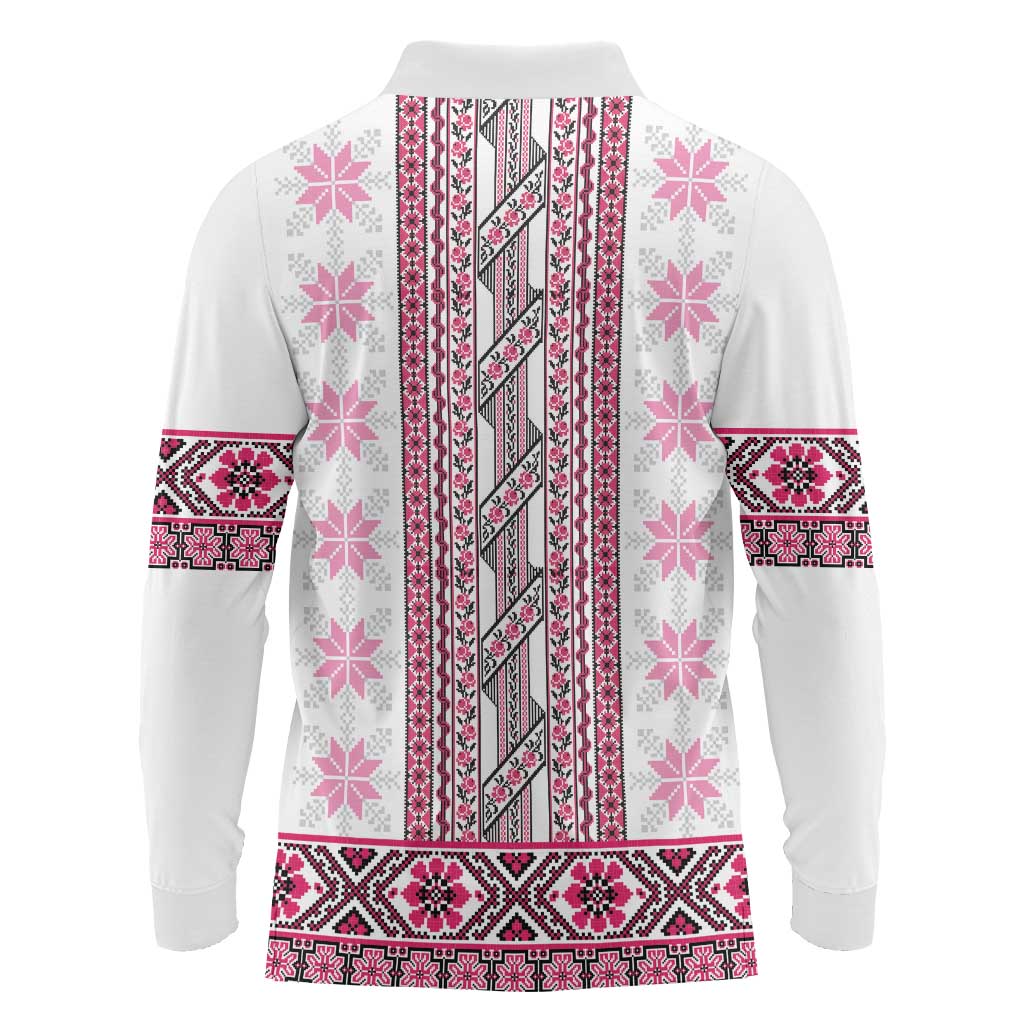 Ukraine Long Sleeve Polo Shirt Traditional Braided Rope Belt Pink Folk Pattern