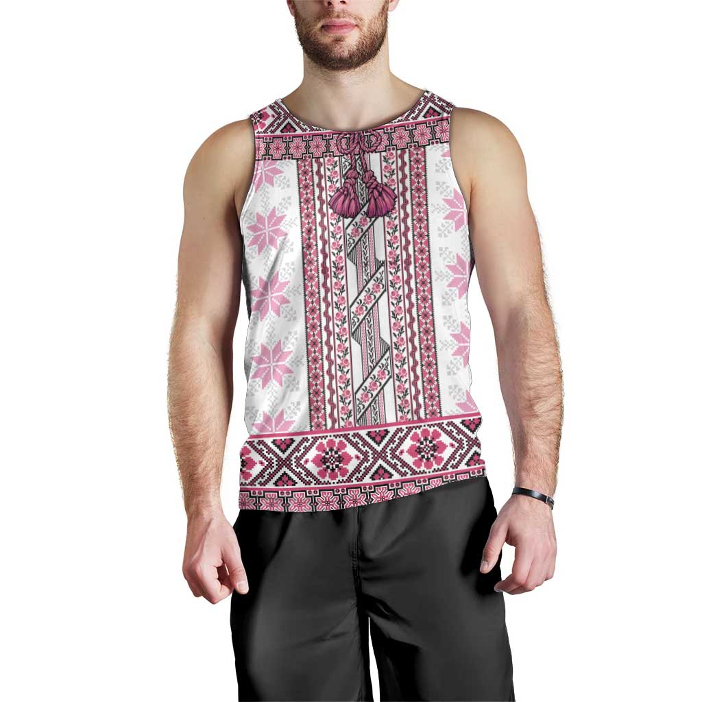 Ukraine Men Tank Top Traditional Braided Rope Belt Pink Folk Pattern