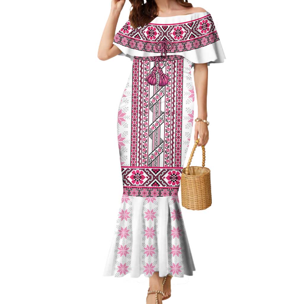 Ukraine Mermaid Dress Traditional Braided Rope Belt Pink Folk Pattern