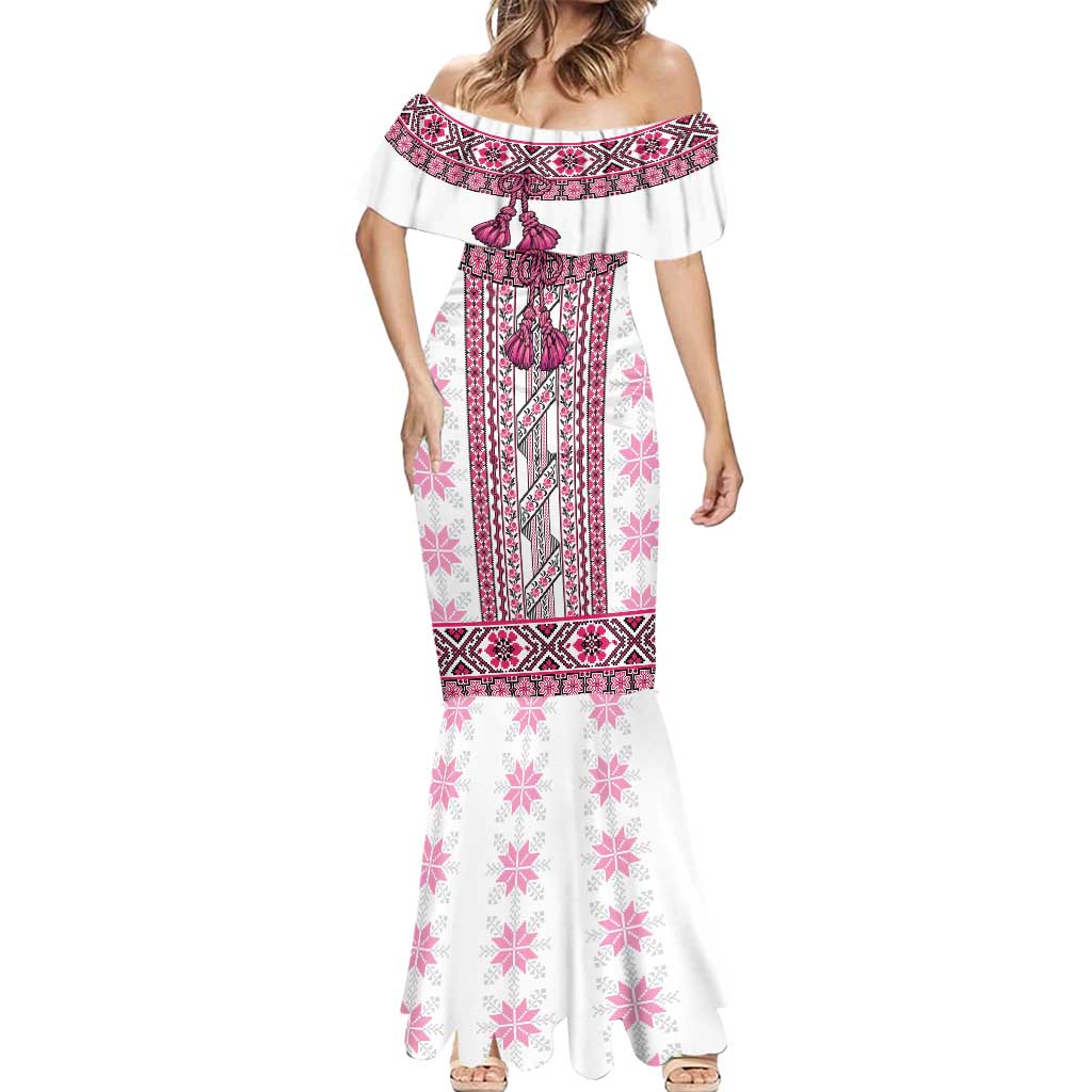 Ukraine Mermaid Dress Traditional Braided Rope Belt Pink Folk Pattern