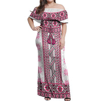Ukraine Off Shoulder Maxi Dress Traditional Braided Rope Belt Pink Folk Pattern