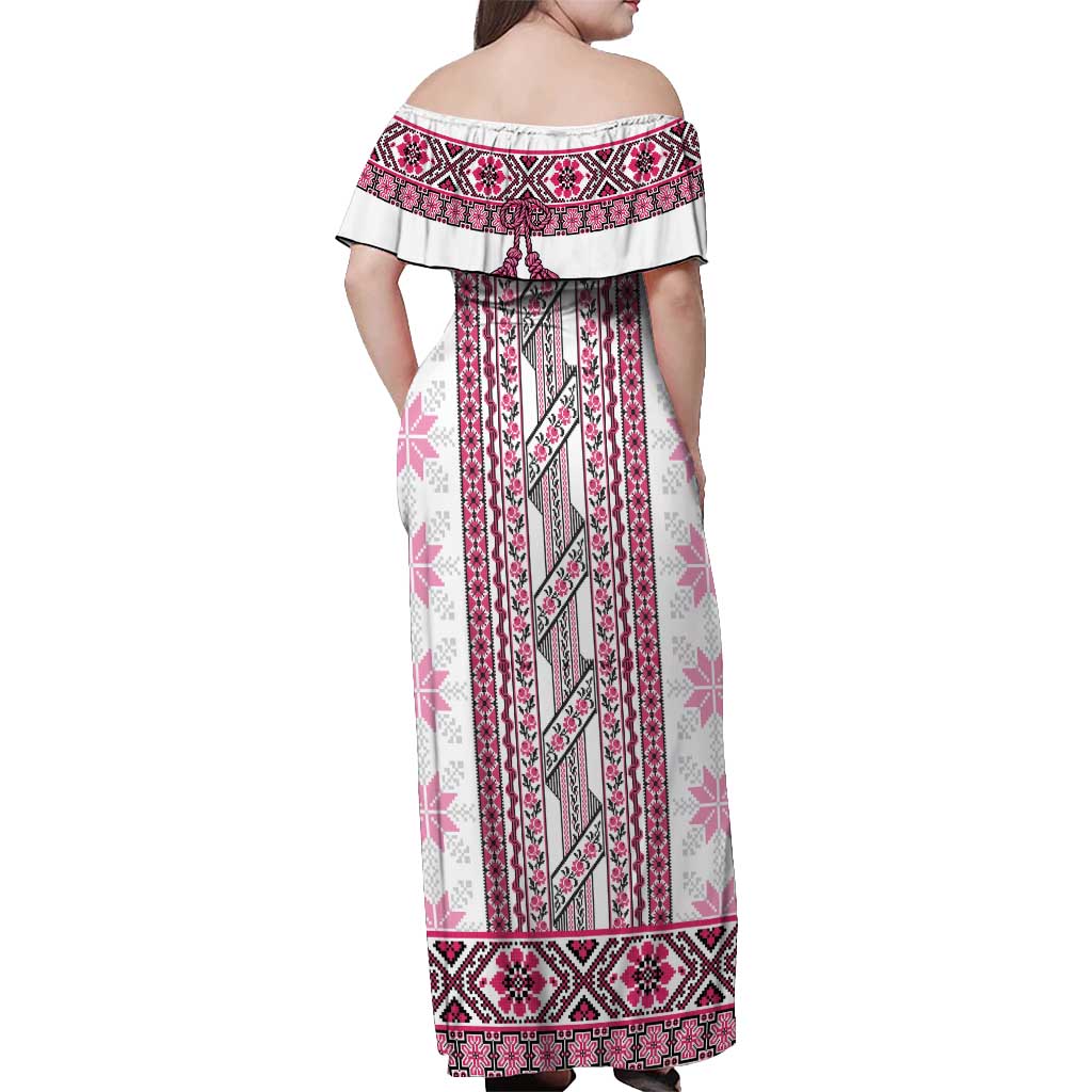 Ukraine Off Shoulder Maxi Dress Traditional Braided Rope Belt Pink Folk Pattern