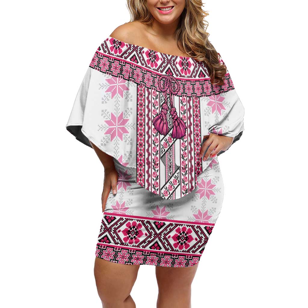 Ukraine Off Shoulder Short Dress Traditional Braided Rope Belt Pink Folk Pattern