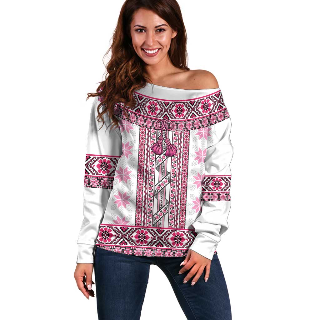 Ukraine Off Shoulder Sweater Traditional Braided Rope Belt Pink Folk Pattern