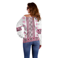 Ukraine Off Shoulder Sweater Traditional Braided Rope Belt Pink Folk Pattern