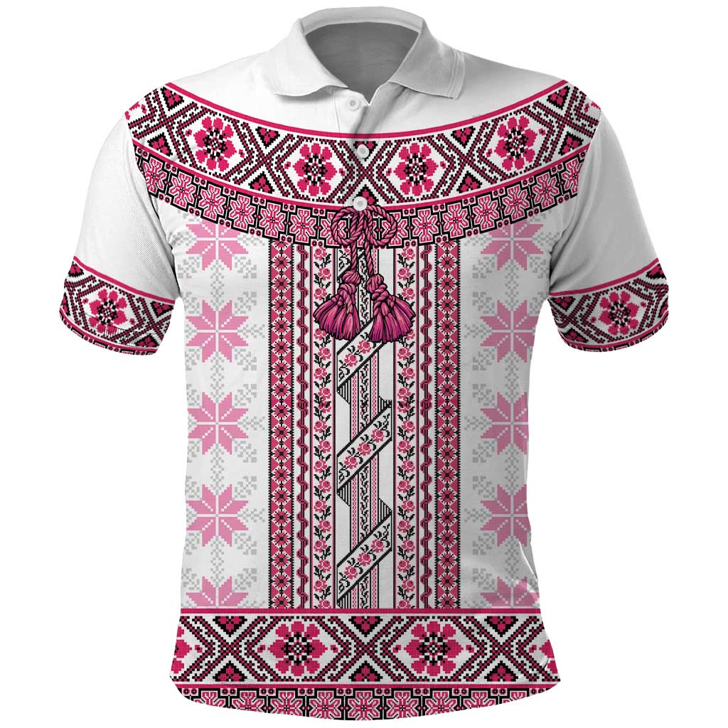 Ukraine Polo Shirt Traditional Braided Rope Belt Pink Folk Pattern
