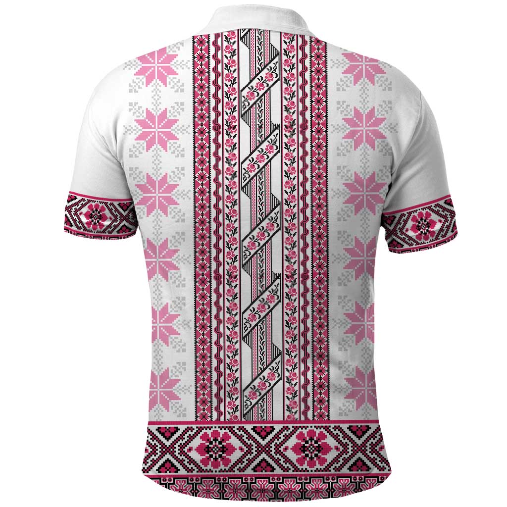 Ukraine Polo Shirt Traditional Braided Rope Belt Pink Folk Pattern