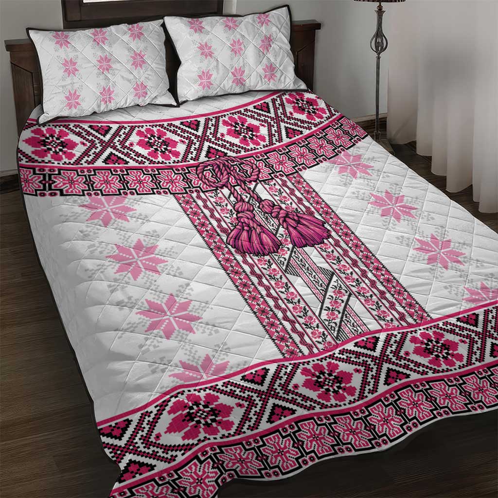Ukraine Quilt Bed Set Traditional Braided Rope Belt Pink Folk Pattern