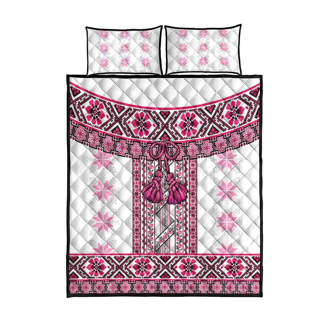 Ukraine Quilt Bed Set Traditional Braided Rope Belt Pink Folk Pattern