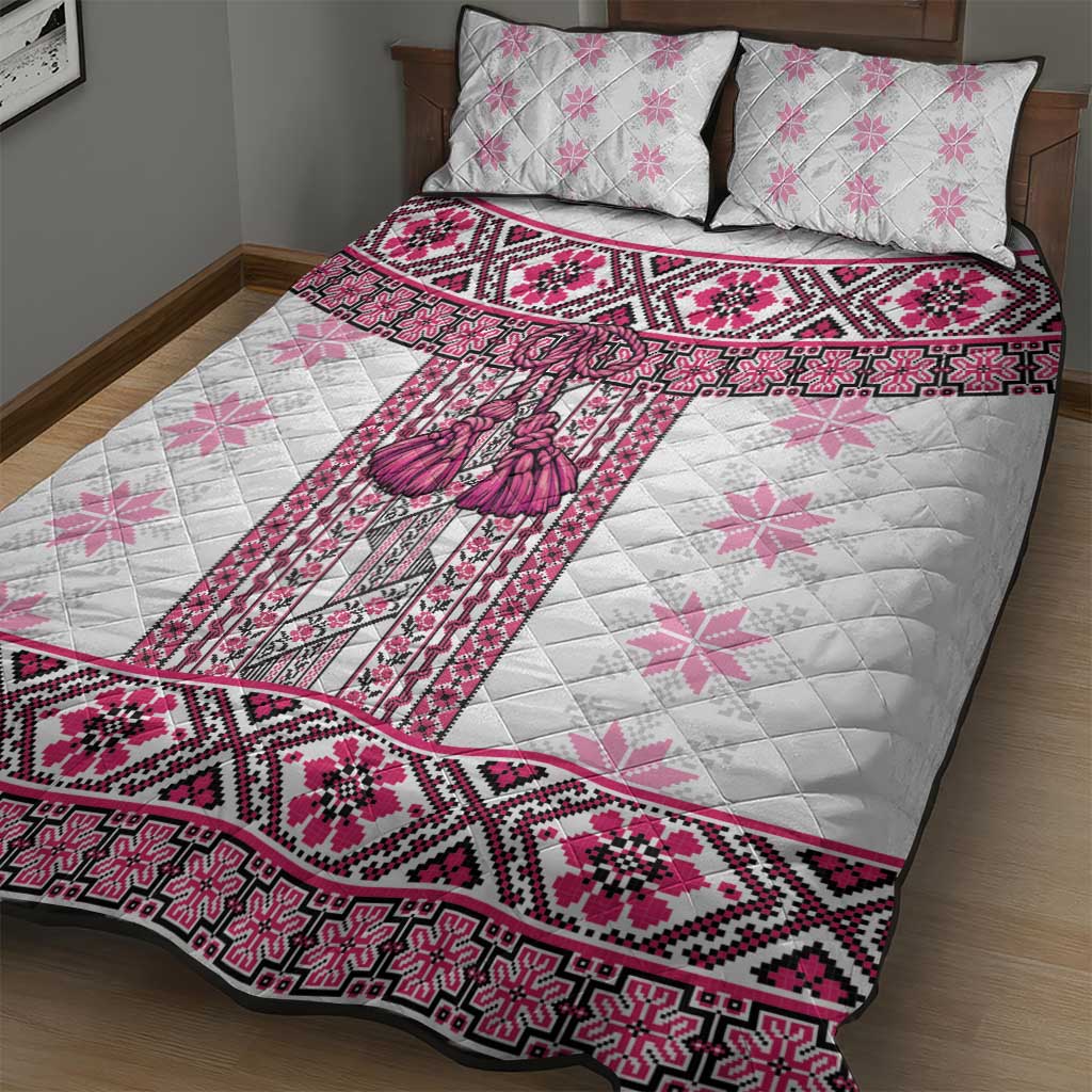 Ukraine Quilt Bed Set Traditional Braided Rope Belt Pink Folk Pattern
