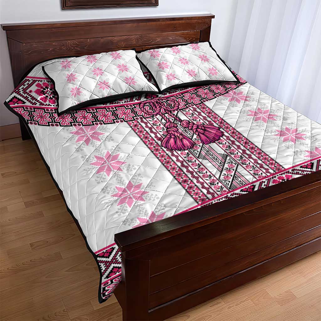 Ukraine Quilt Bed Set Traditional Braided Rope Belt Pink Folk Pattern