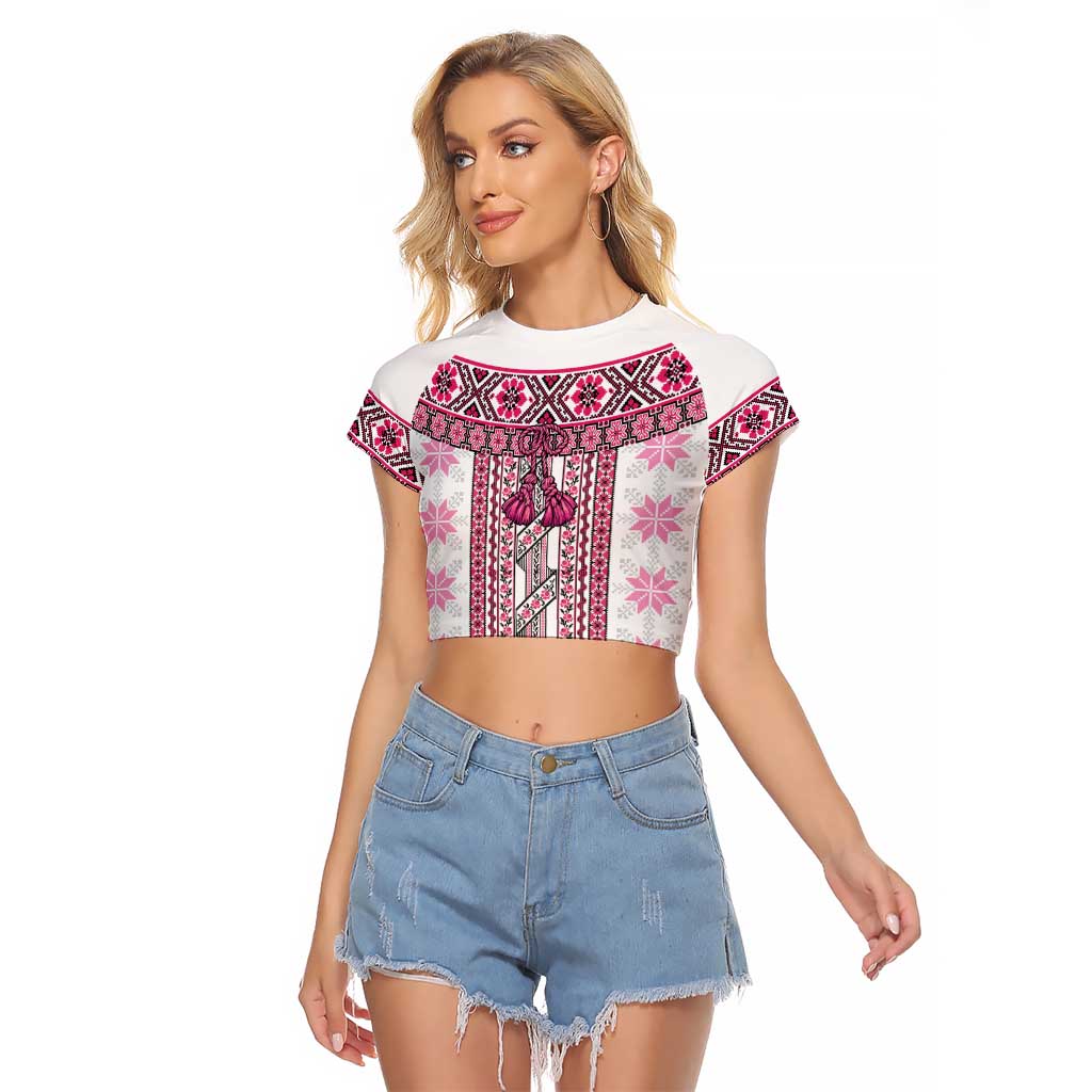 Ukraine Raglan Cropped T Shirt Traditional Braided Rope Belt Pink Folk Pattern