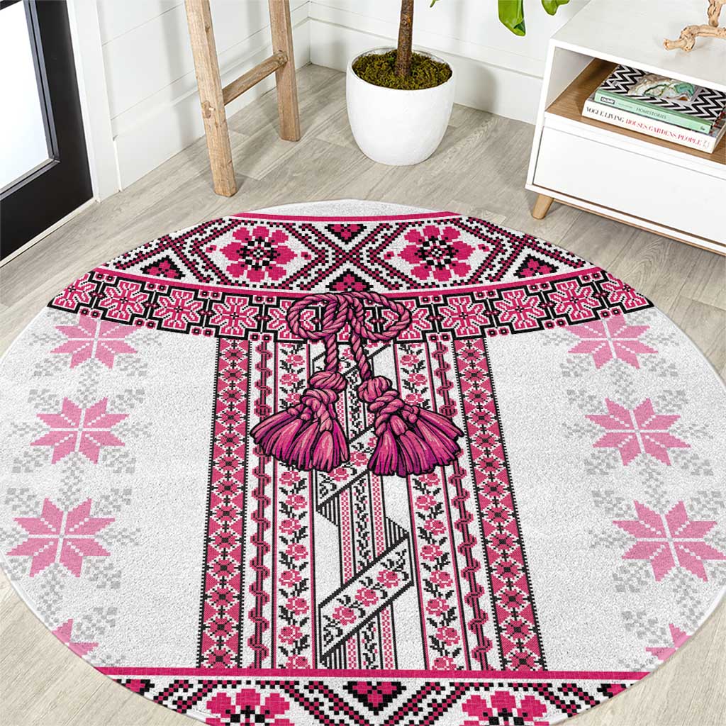 Ukraine Round Carpet Traditional Braided Rope Belt Pink Folk Pattern