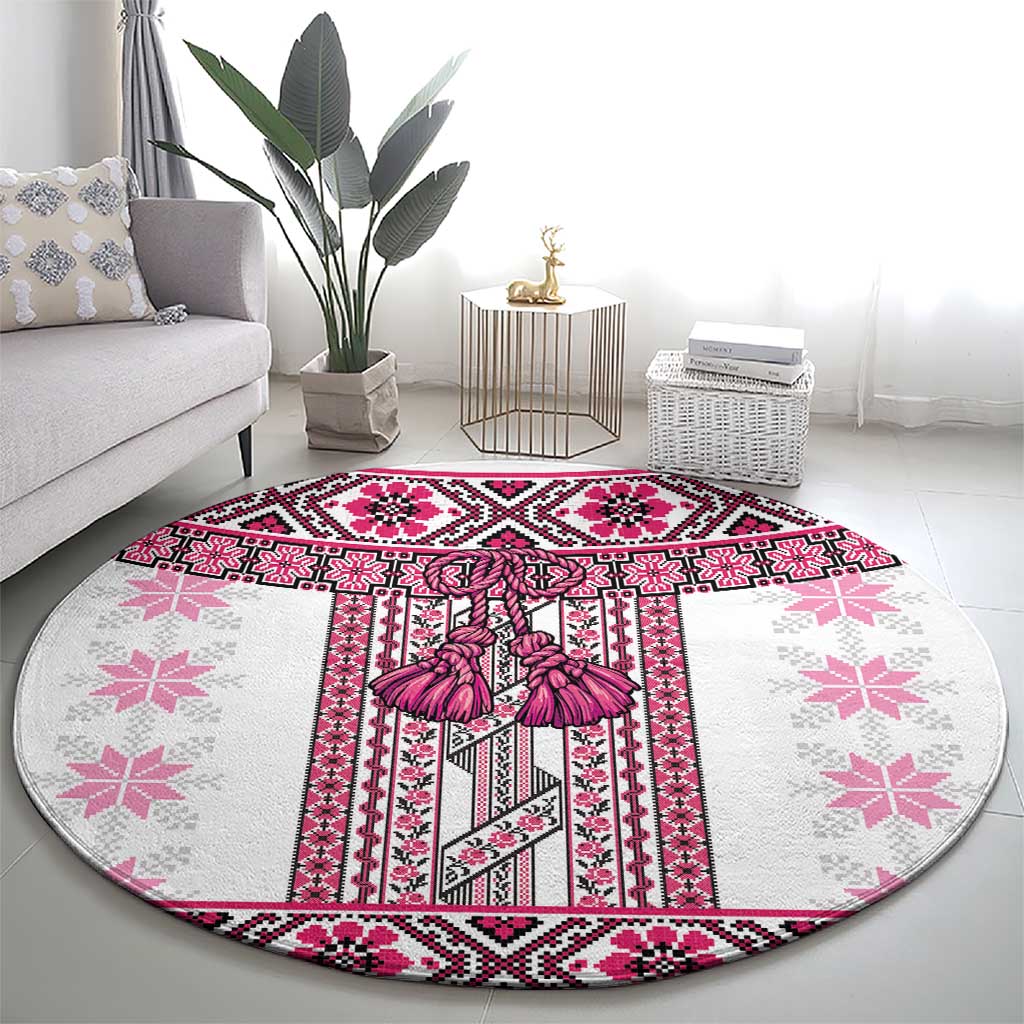 Ukraine Round Carpet Traditional Braided Rope Belt Pink Folk Pattern