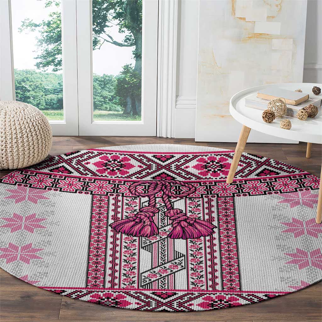 Ukraine Round Carpet Traditional Braided Rope Belt Pink Folk Pattern