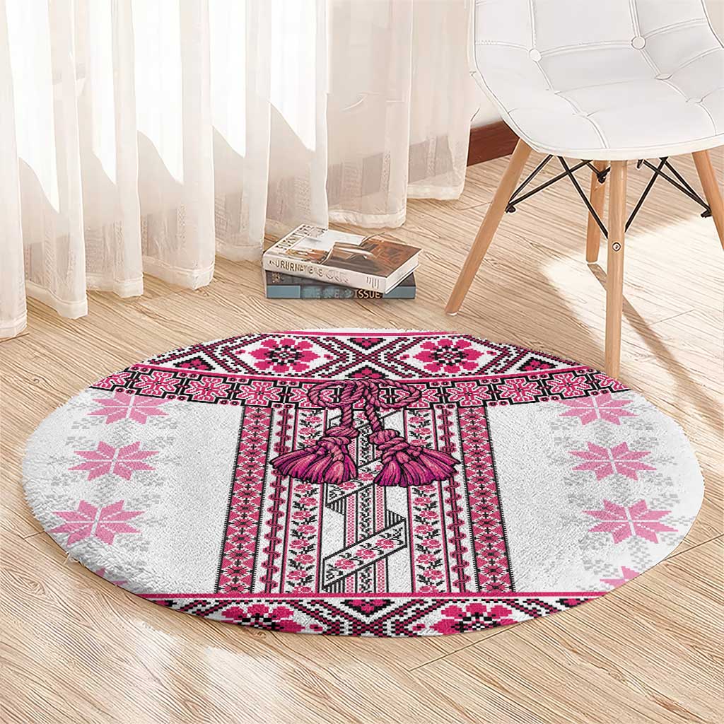 Ukraine Round Carpet Traditional Braided Rope Belt Pink Folk Pattern