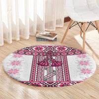 Ukraine Round Carpet Traditional Braided Rope Belt Pink Folk Pattern