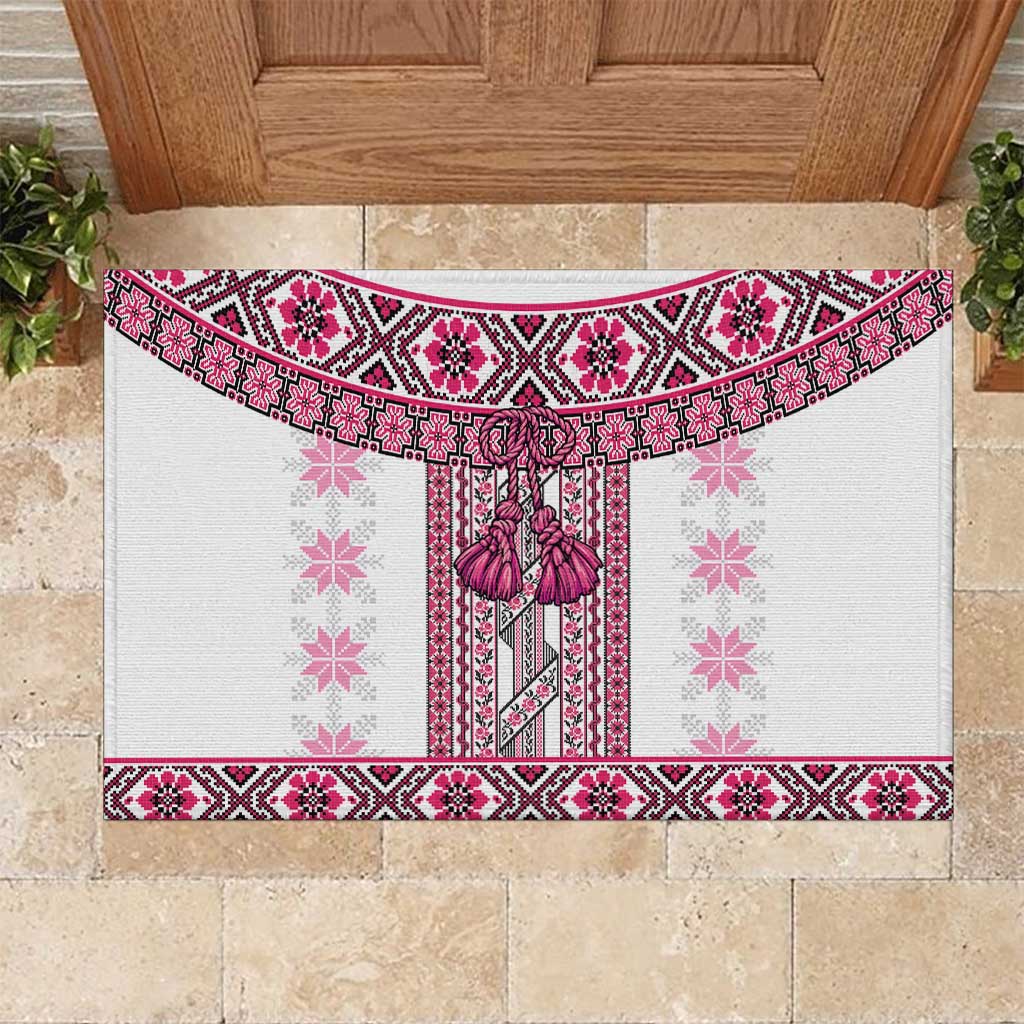 Ukraine Rubber Doormat Traditional Braided Rope Belt Pink Folk Pattern