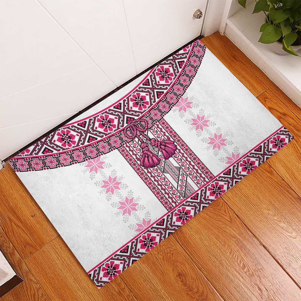 Ukraine Rubber Doormat Traditional Braided Rope Belt Pink Folk Pattern