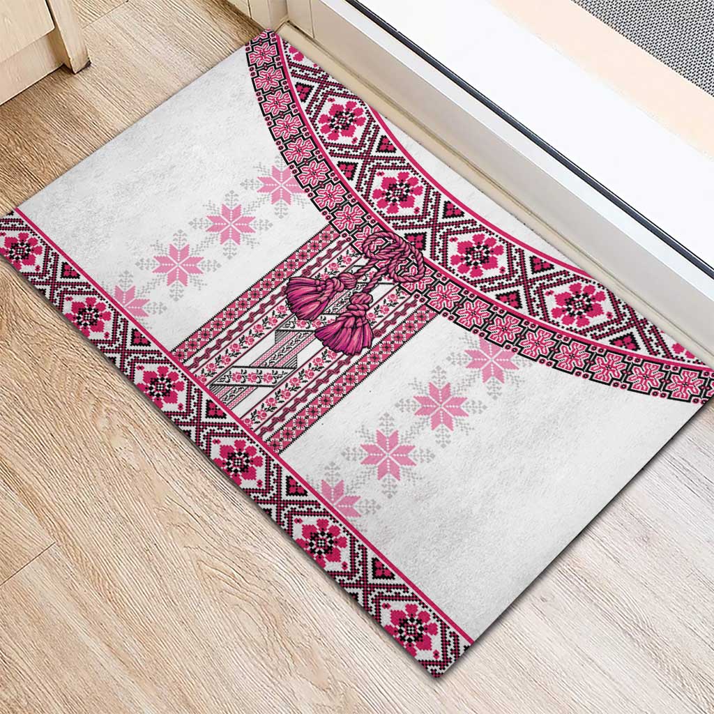 Ukraine Rubber Doormat Traditional Braided Rope Belt Pink Folk Pattern