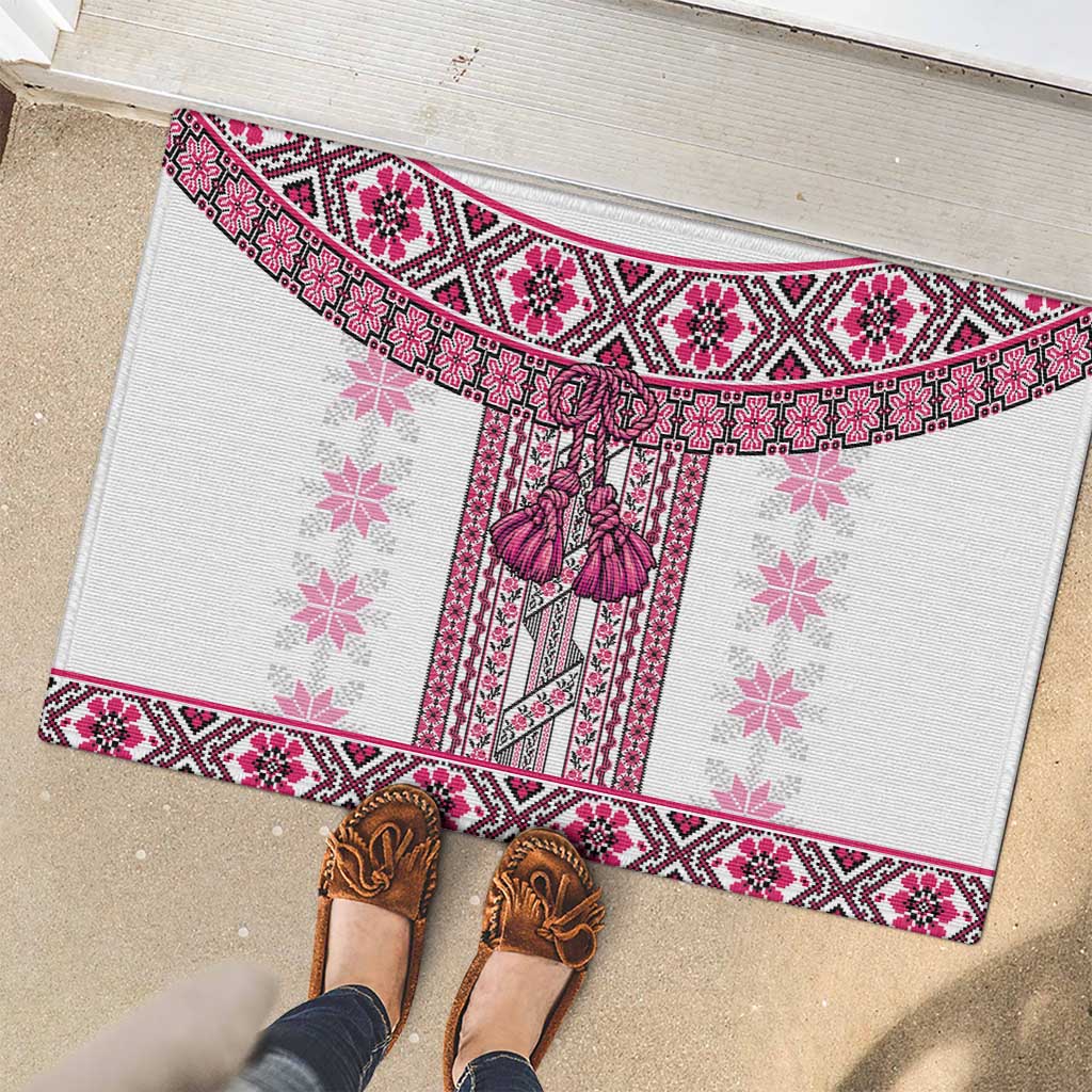 Ukraine Rubber Doormat Traditional Braided Rope Belt Pink Folk Pattern