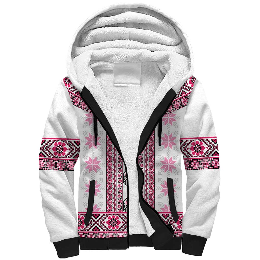 Ukraine Sherpa Hoodie Traditional Braided Rope Belt Pink Folk Pattern