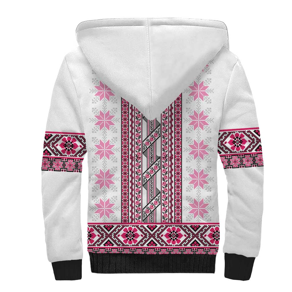 Ukraine Sherpa Hoodie Traditional Braided Rope Belt Pink Folk Pattern