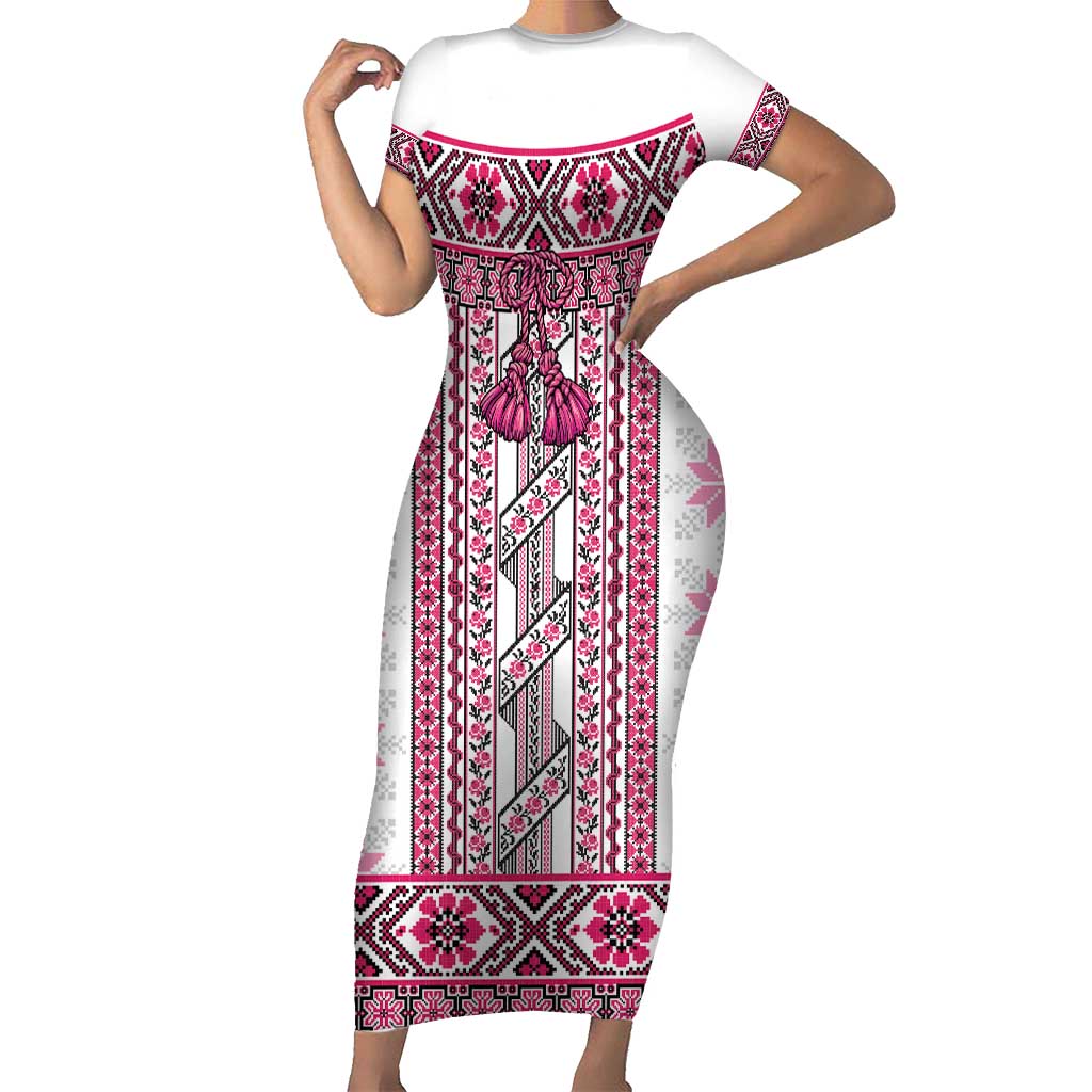 Ukraine Short Sleeve Bodycon Dress Traditional Braided Rope Belt Pink Folk Pattern