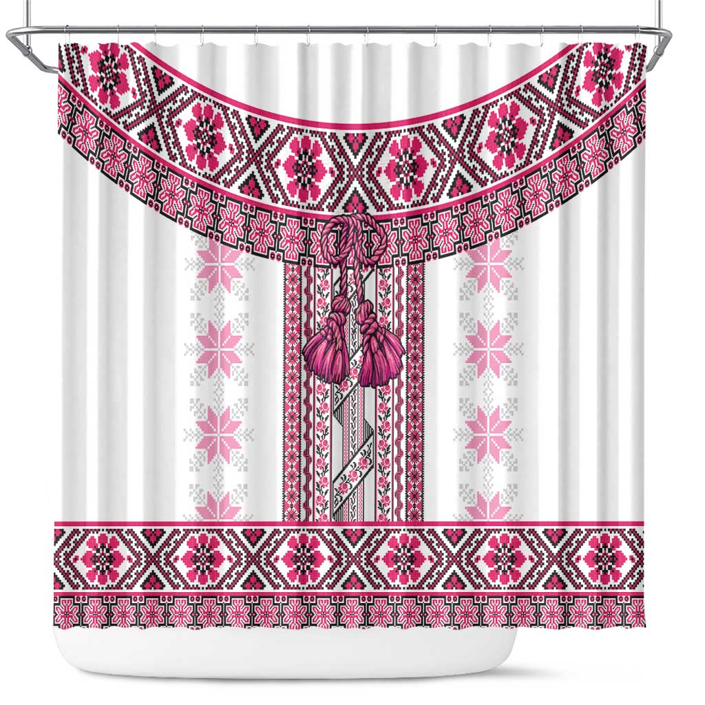 Ukraine Shower Curtain Traditional Braided Rope Belt Pink Folk Pattern
