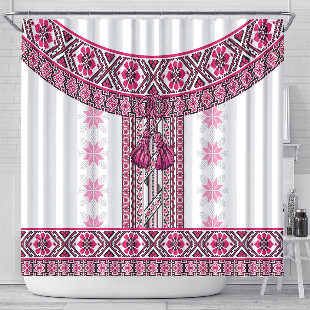 Ukraine Shower Curtain Traditional Braided Rope Belt Pink Folk Pattern