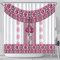 Ukraine Shower Curtain Traditional Braided Rope Belt Pink Folk Pattern