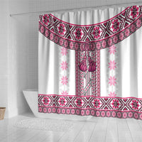 Ukraine Shower Curtain Traditional Braided Rope Belt Pink Folk Pattern
