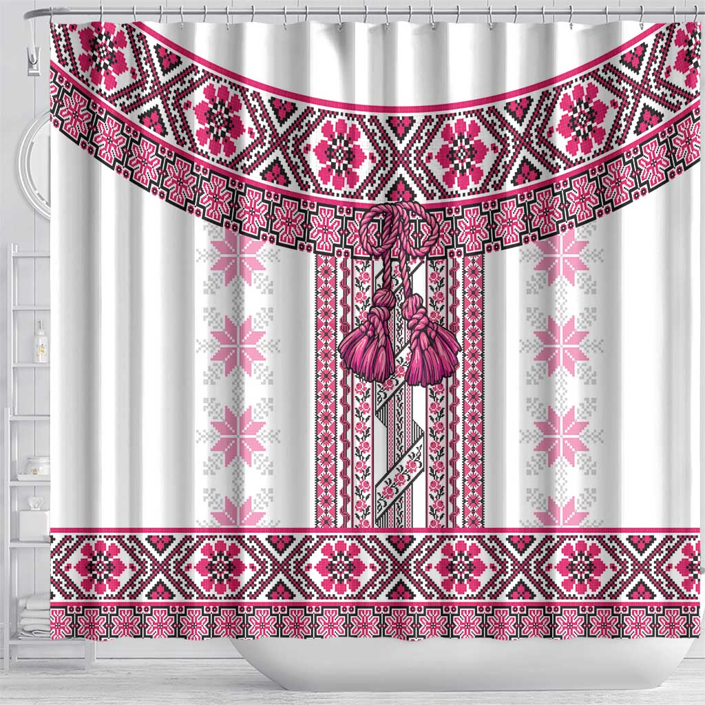 Ukraine Shower Curtain Traditional Braided Rope Belt Pink Folk Pattern
