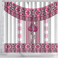 Ukraine Shower Curtain Traditional Braided Rope Belt Pink Folk Pattern