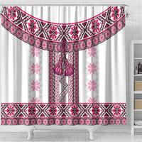 Ukraine Shower Curtain Traditional Braided Rope Belt Pink Folk Pattern