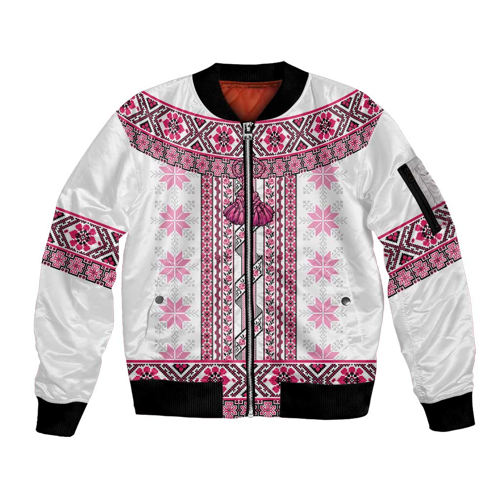 Ukraine Sleeve Zip Bomber Jacket Traditional Braided Rope Belt Pink Folk Pattern