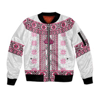 Ukraine Sleeve Zip Bomber Jacket Traditional Braided Rope Belt Pink Folk Pattern