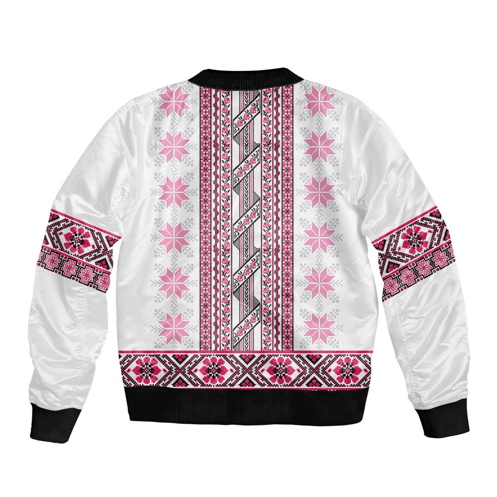 Ukraine Sleeve Zip Bomber Jacket Traditional Braided Rope Belt Pink Folk Pattern