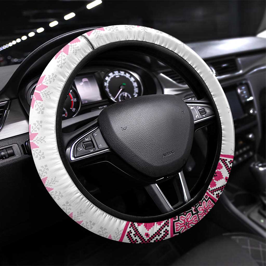 Ukraine Steering Wheel Cover Traditional Braided Rope Belt Pink Folk Pattern