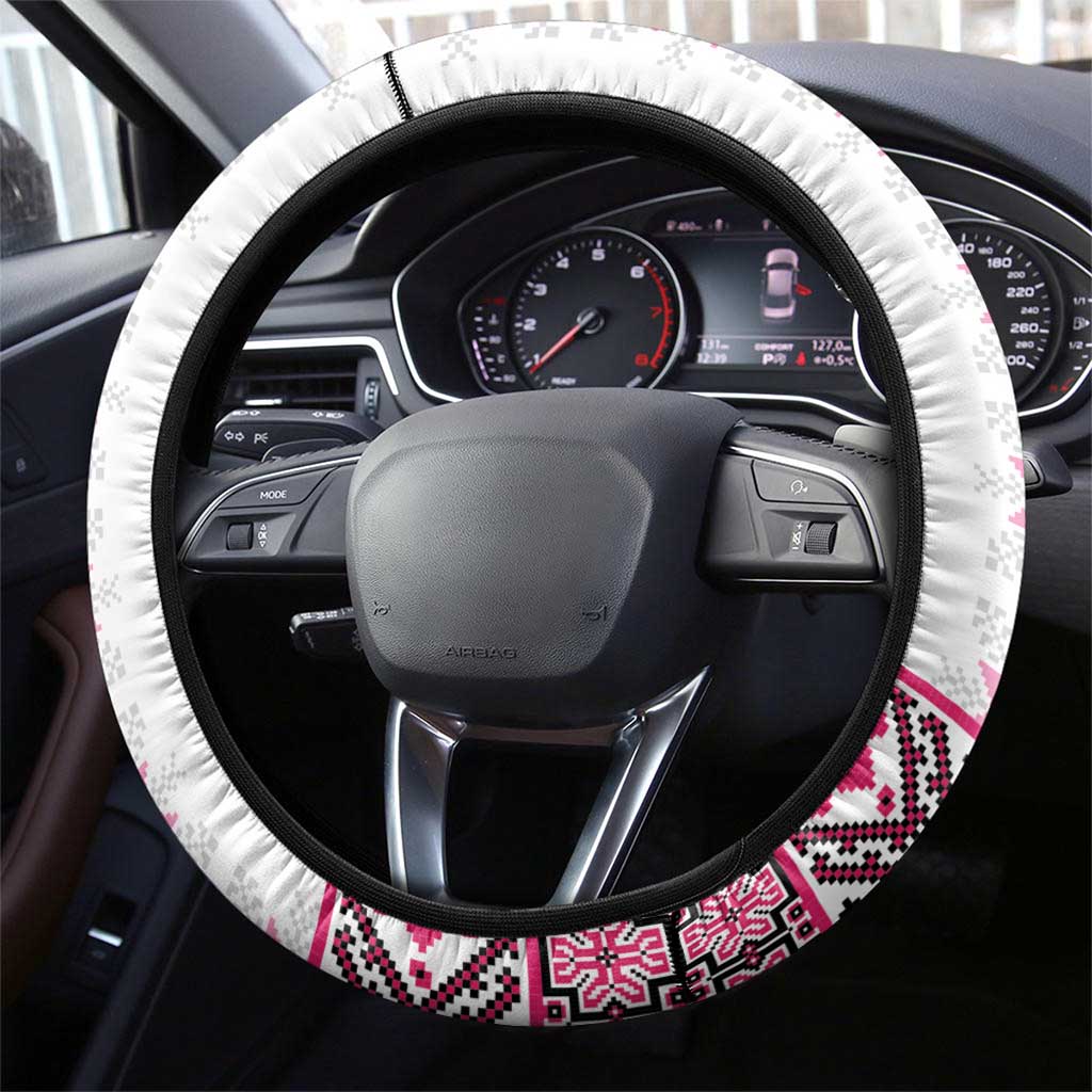 Ukraine Steering Wheel Cover Traditional Braided Rope Belt Pink Folk Pattern