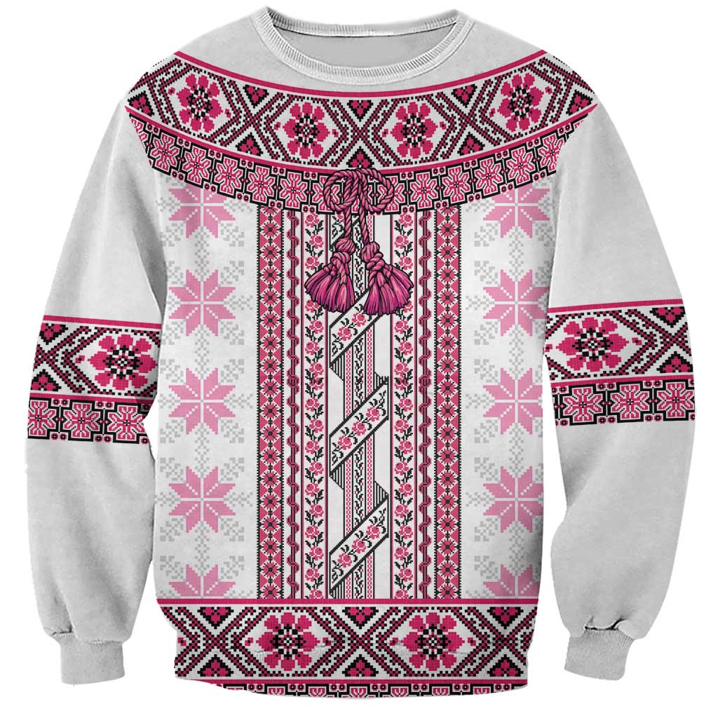 Ukraine Sweatshirt Traditional Braided Rope Belt Pink Folk Pattern