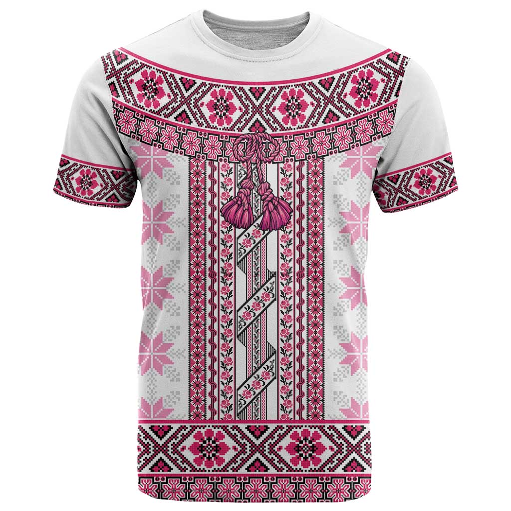 Ukraine T Shirt Traditional Braided Rope Belt Pink Folk Pattern