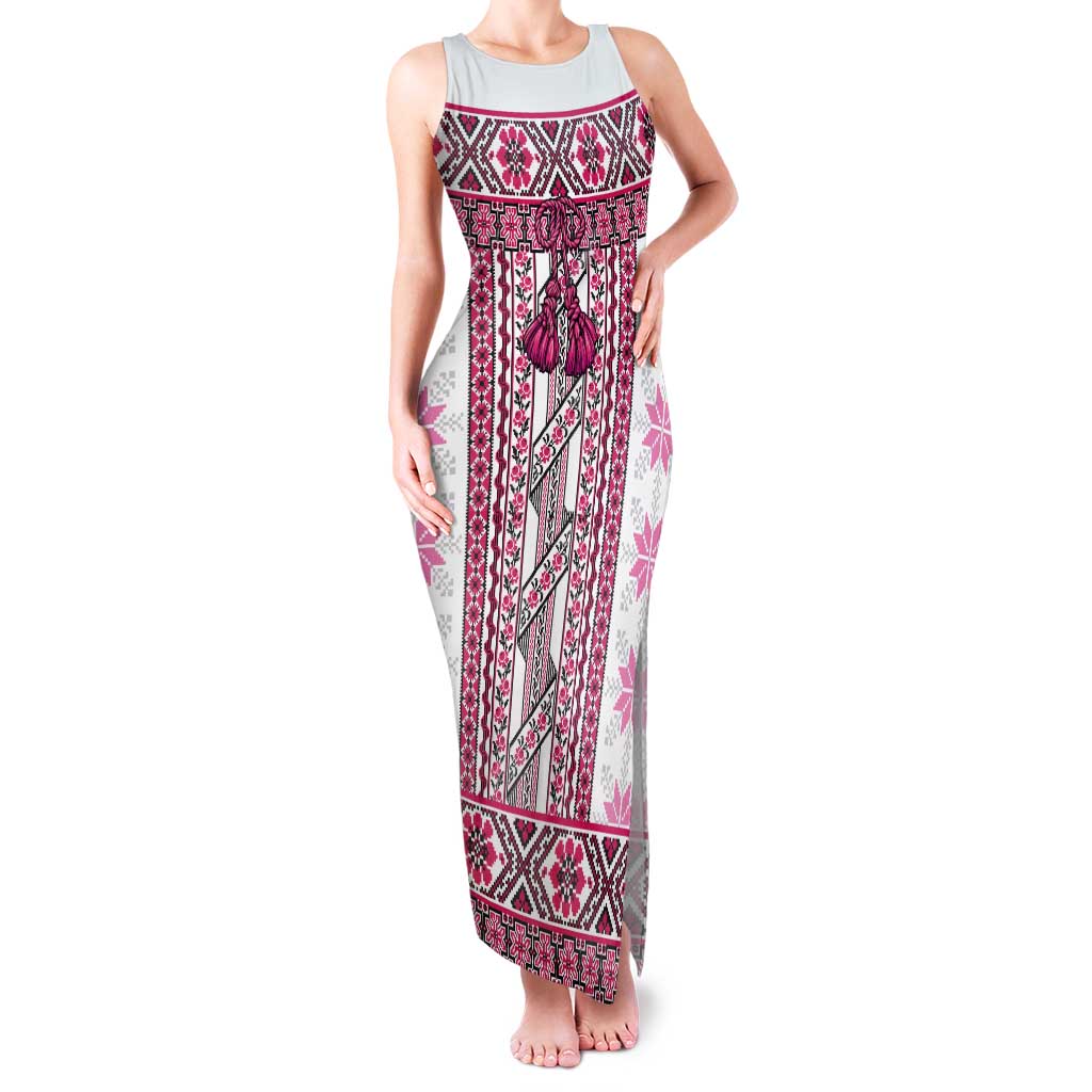 Ukraine Tank Maxi Dress Traditional Braided Rope Belt Pink Folk Pattern